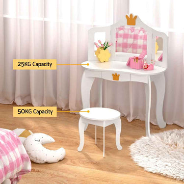 Keezi Kids Dressing Table Vanity Makeup Chair Set Wooden 3 Mirror Drawer White
